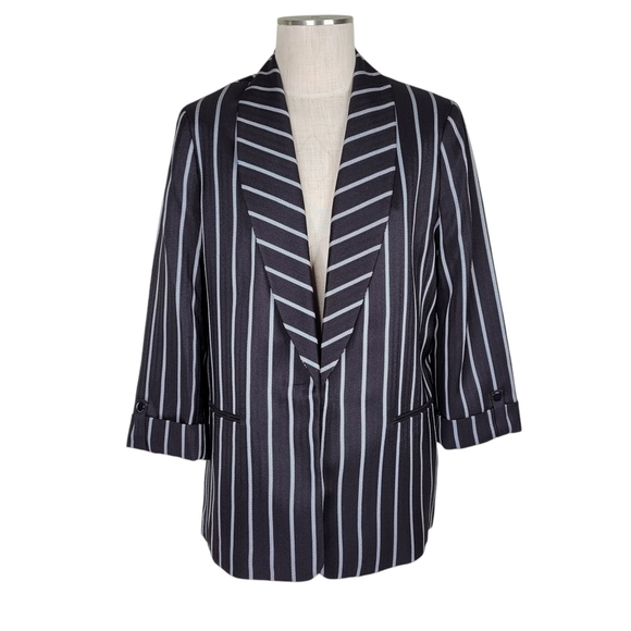 Kasper Blazer Size 14W Black White Stripe Open Front Cuffed Sleeves Pockets Long - Picture 1 of 10